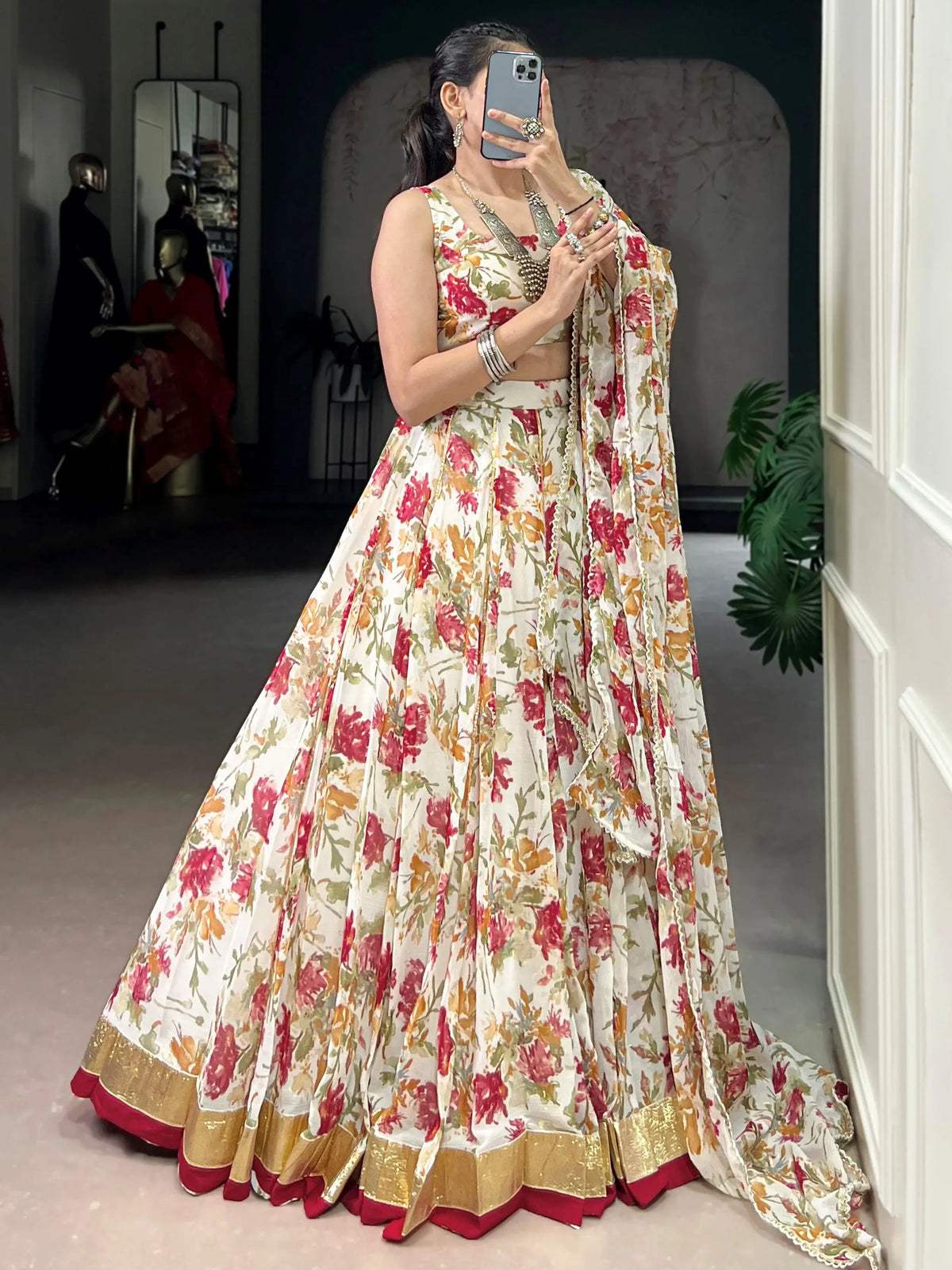 Enchanting Off-White Floral Printed Chiffon Festive Wear Lehenga Choli