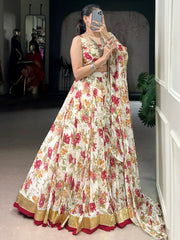 Enchanting Off-White Floral Printed Chiffon Festive Wear Lehenga Choli