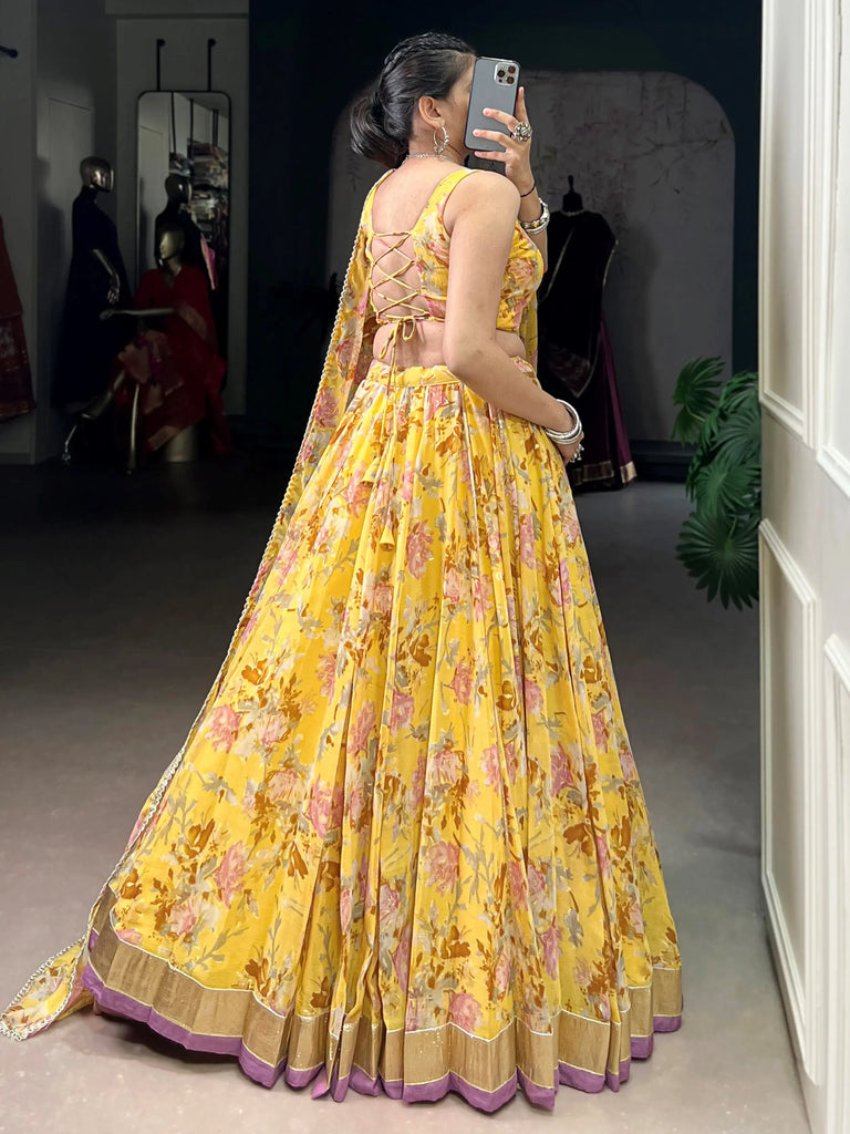 Classic Yellow Floral Printed Chiffon Haldi Wear Lehenga Choli