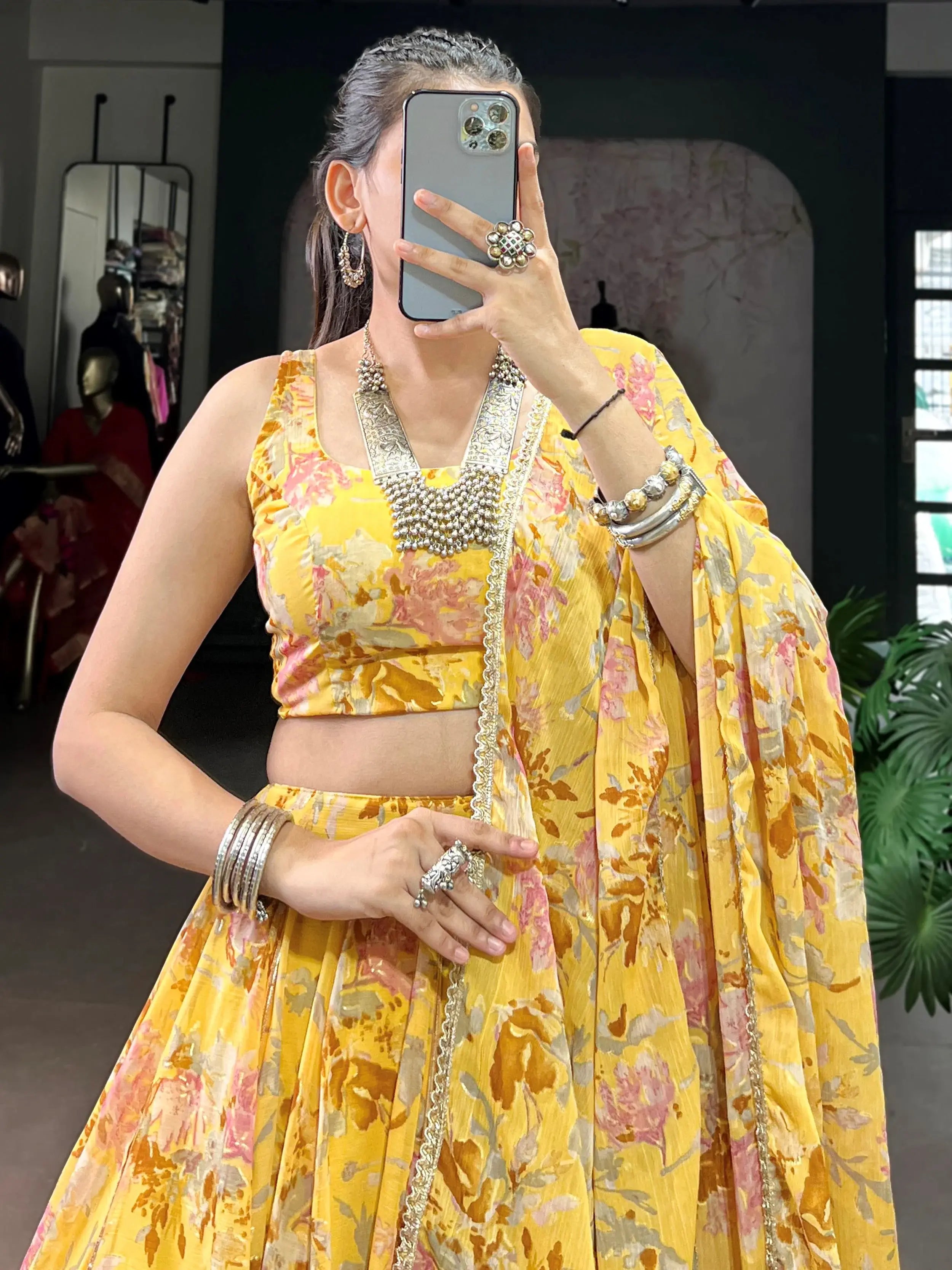 Classic Yellow Floral Printed Chiffon Haldi Wear Lehenga Choli