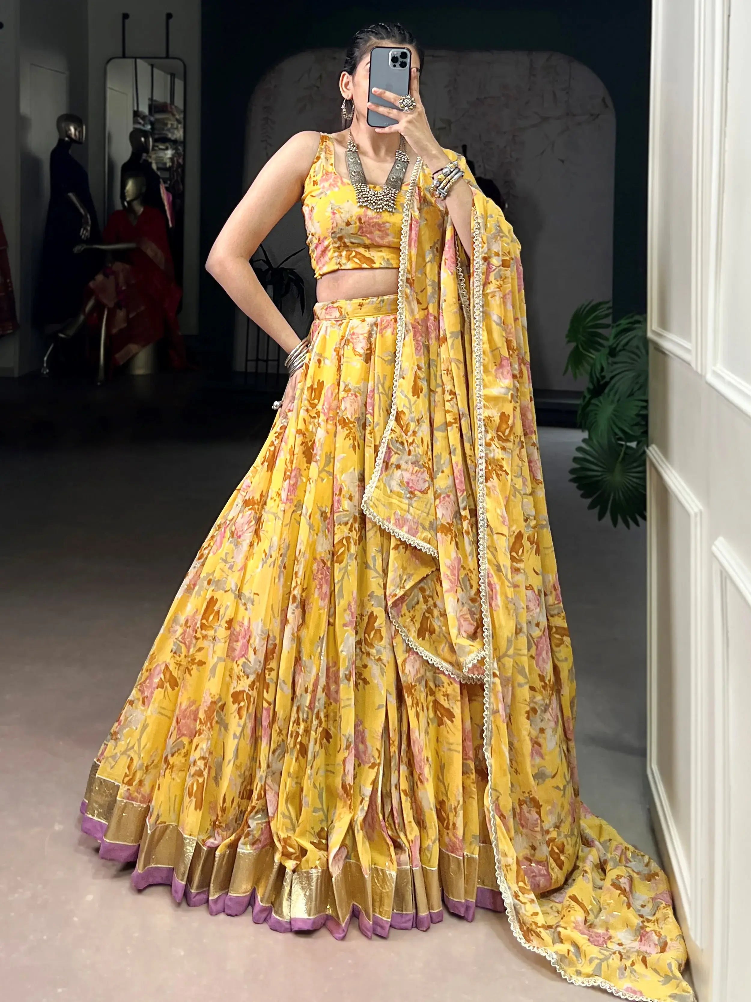 Classic Yellow Floral Printed Chiffon Haldi Wear Lehenga Choli