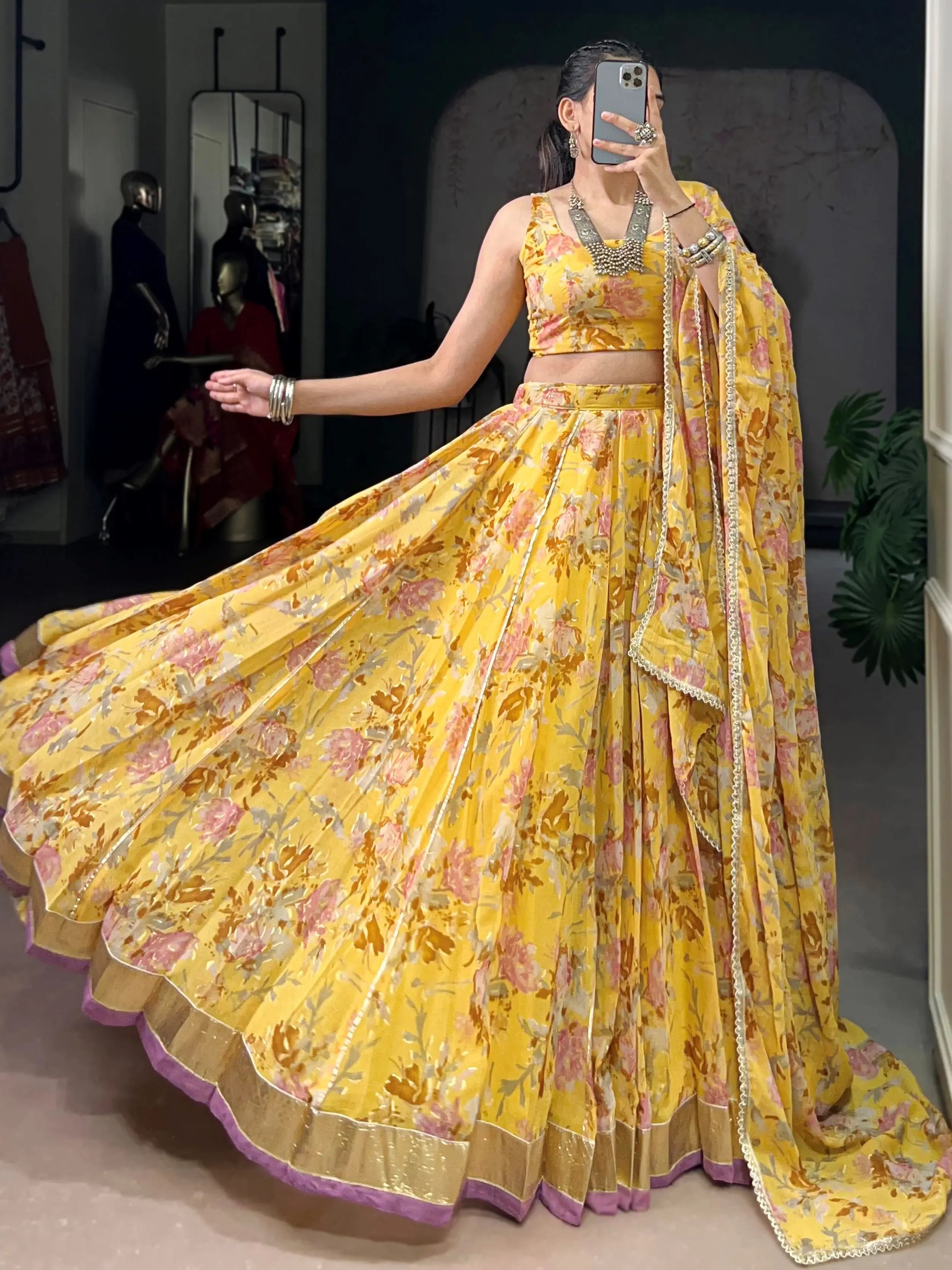 Classic Yellow Floral Printed Chiffon Haldi Wear Lehenga Choli