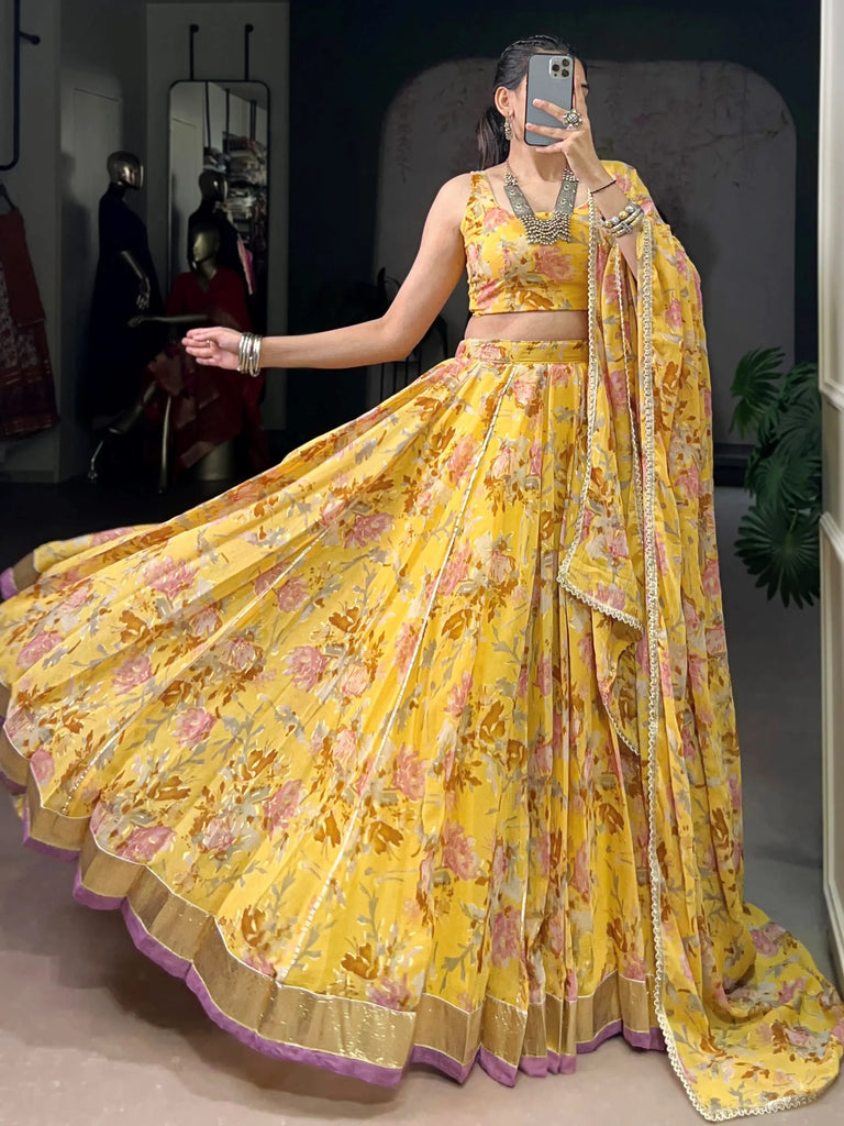 Classic Yellow Floral Printed Chiffon Haldi Wear Lehenga Choli