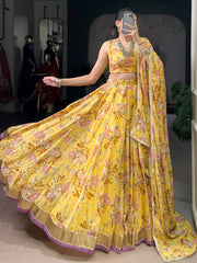 Classic Yellow Floral Printed Chiffon Haldi Wear Lehenga Choli