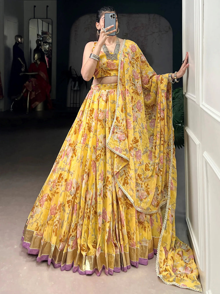 Classic Yellow Floral Printed Chiffon Haldi Wear Lehenga Choli