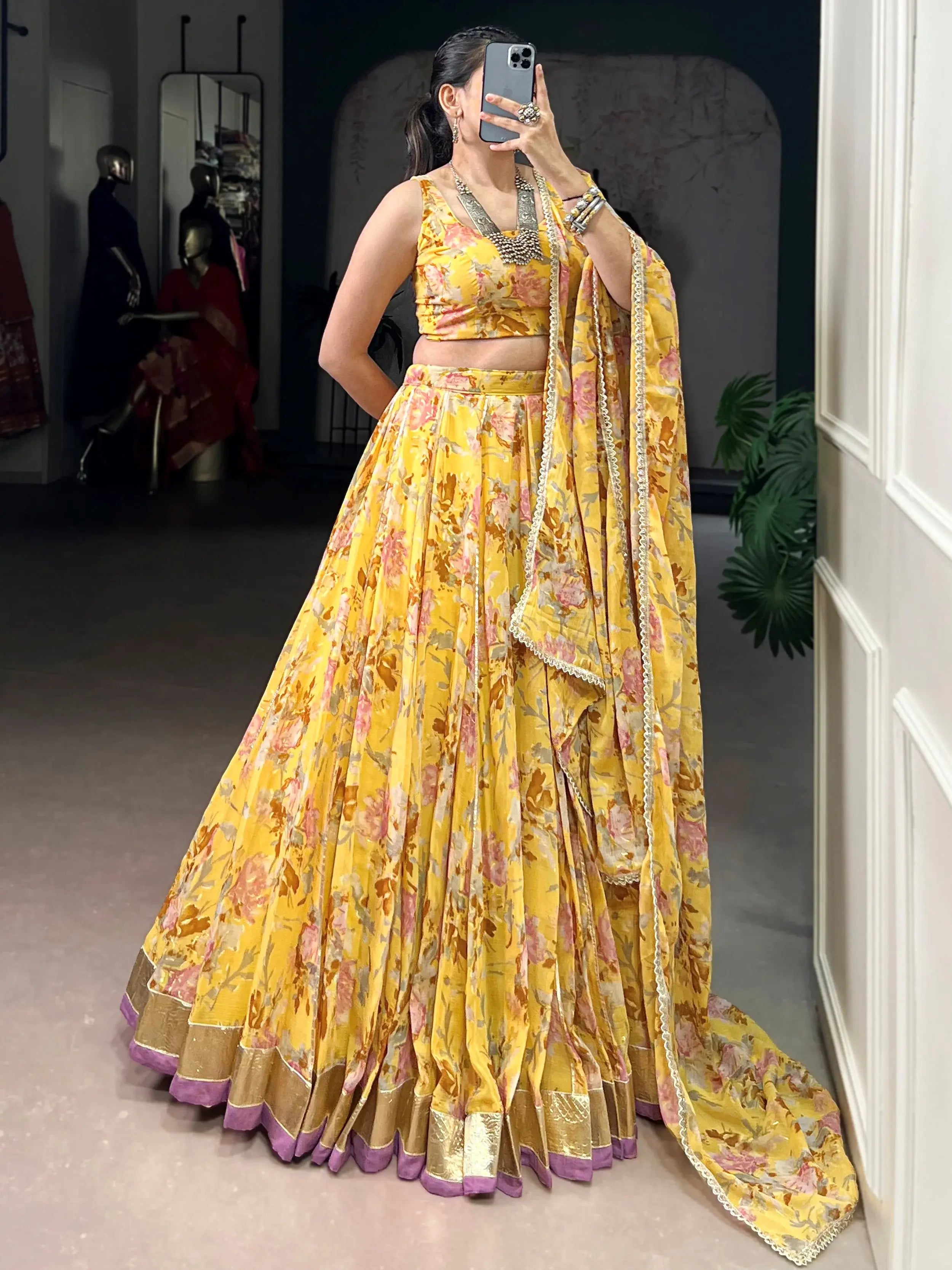 Classic Yellow Floral Printed Chiffon Haldi Wear Lehenga Choli