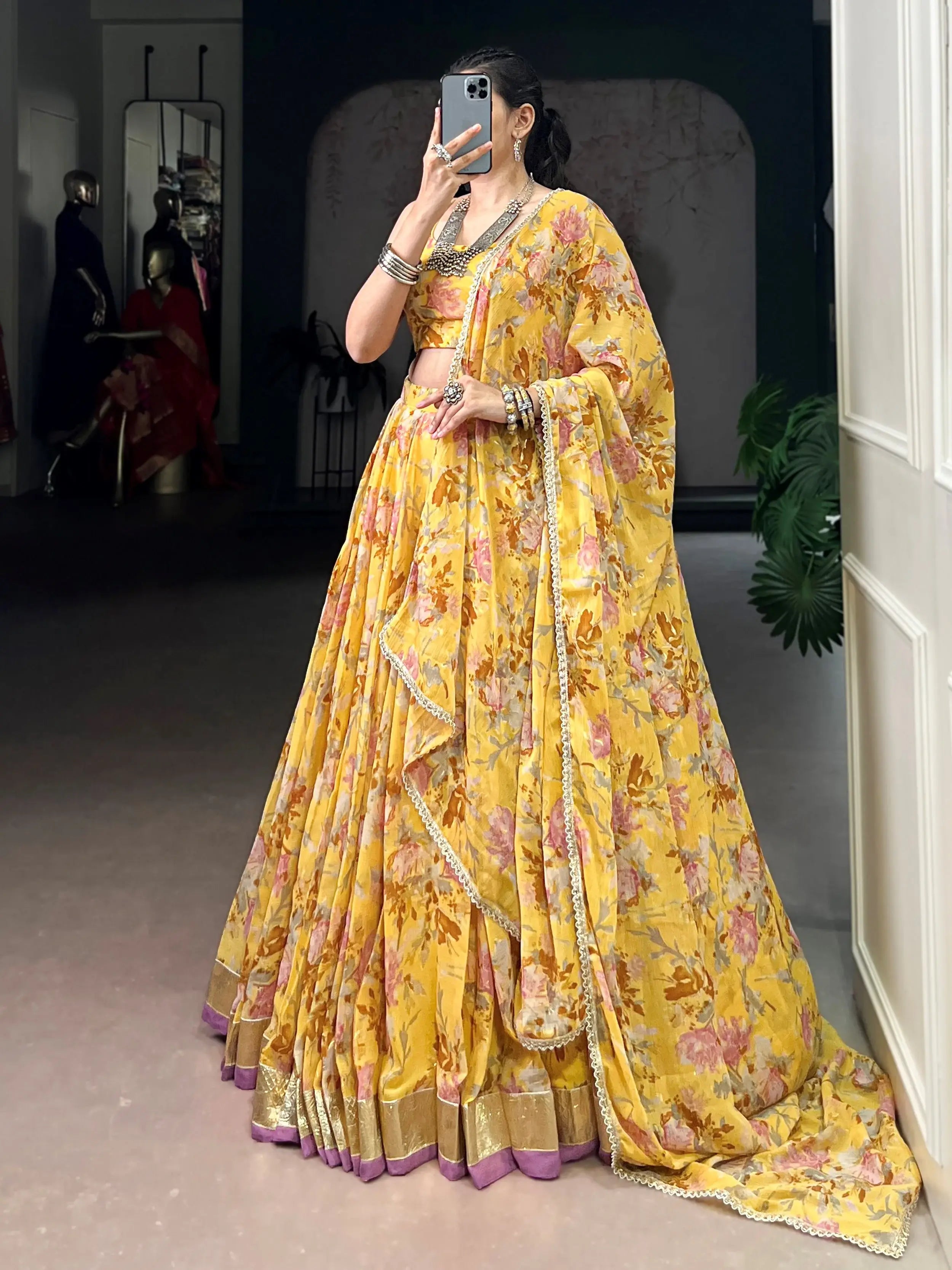 Classic Yellow Floral Printed Chiffon Haldi Wear Lehenga Choli
