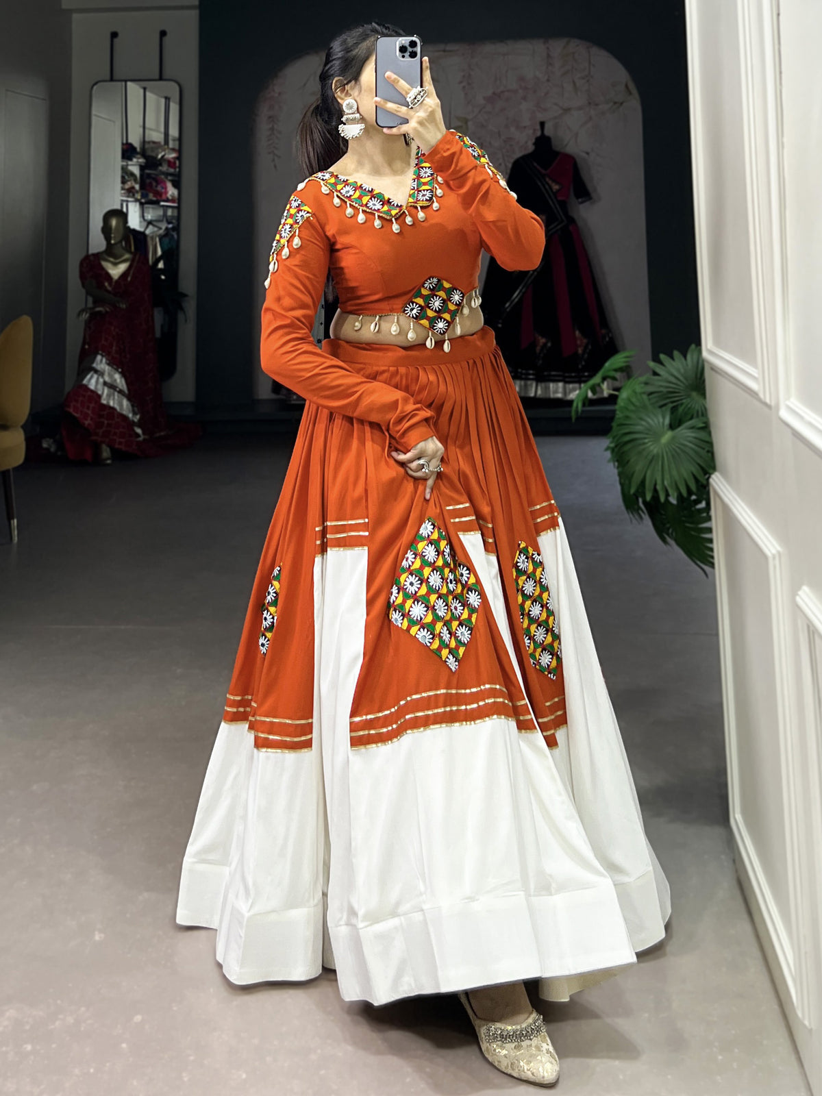 Artistic Orange Gamthi Patch Work Rayon Navratri Wear Lehenga Choli