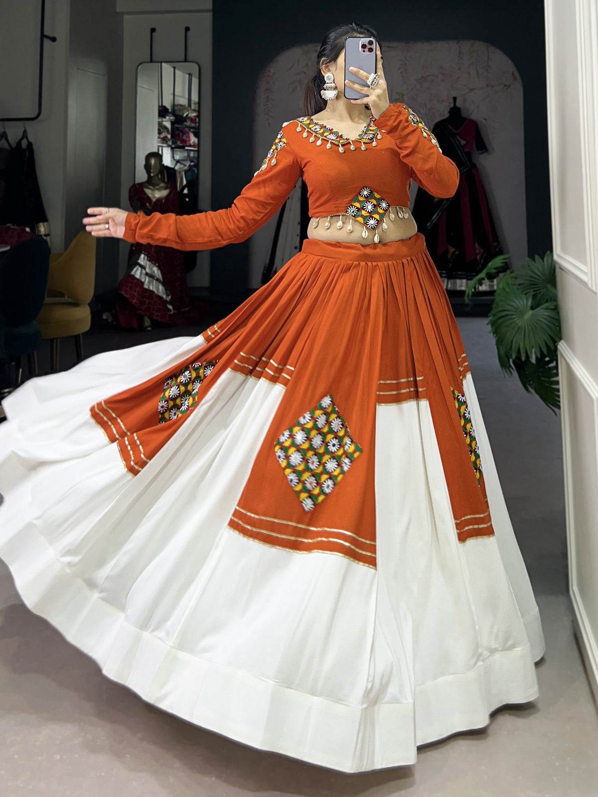 Artistic Orange Gamthi Patch Work Rayon Navratri Wear Lehenga Choli