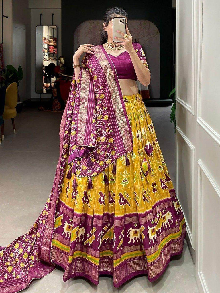 Outstanding Yellow Patola Printed Tussar Silk Haldi Wear Lehenga Choli