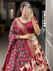 Excellent Off-White Patola Printed Tussar Silk Traditional Lehenga Choli