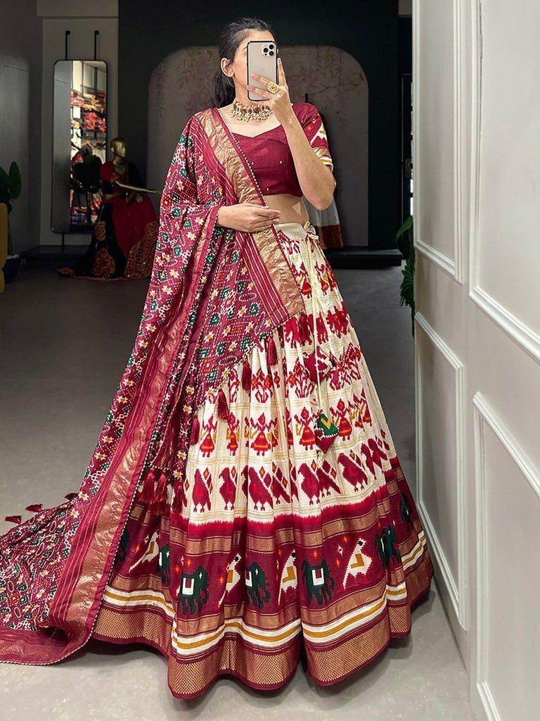 Excellent Off-White Patola Printed Tussar Silk Traditional Lehenga Choli