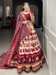 Excellent Off-White Patola Printed Tussar Silk Traditional Lehenga Choli