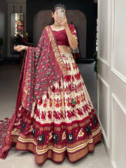 Excellent Off-White Patola Printed Tussar Silk Traditional Lehenga Choli