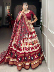 Excellent Off-White Patola Printed Tussar Silk Traditional Lehenga Choli