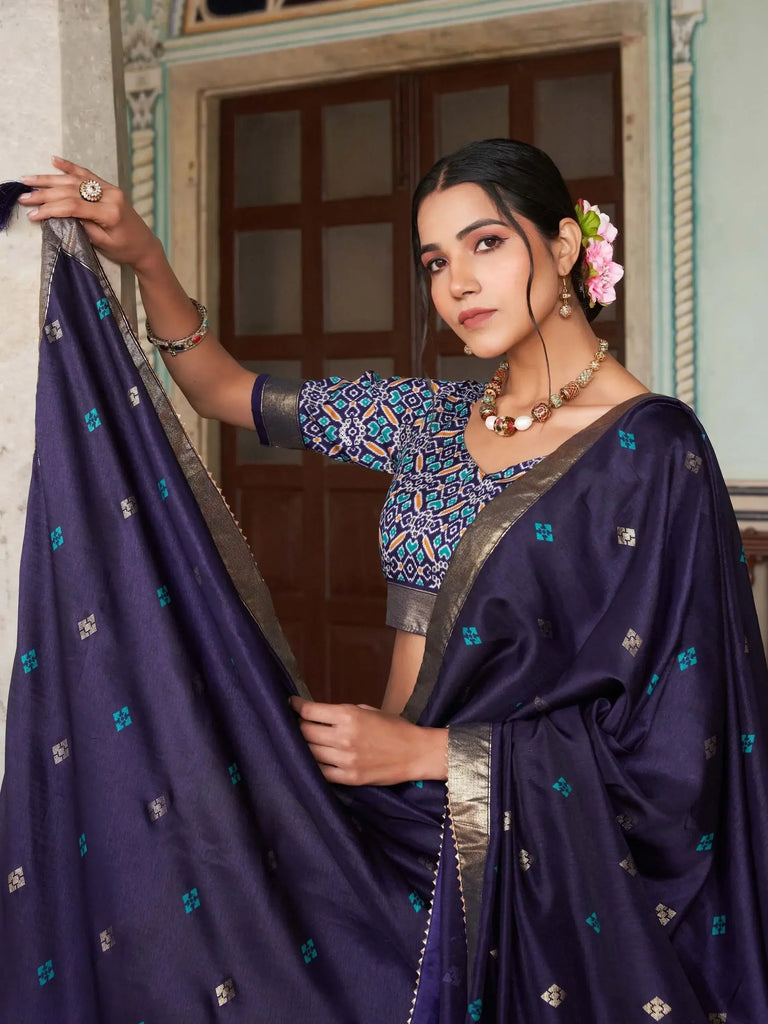Alluring White & Navy-Blue Floral Printed Silk Traditional Lehenga Choli