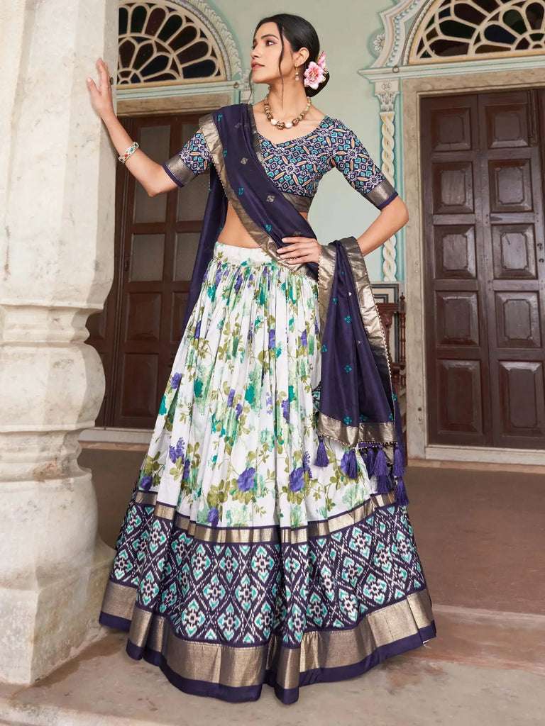 Alluring White & Navy-Blue Floral Printed Silk Traditional Lehenga Choli