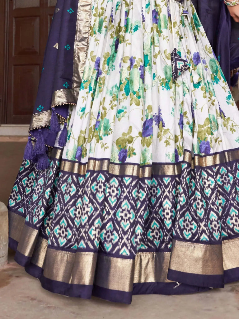 Alluring White & Navy-Blue Floral Printed Silk Traditional Lehenga Choli