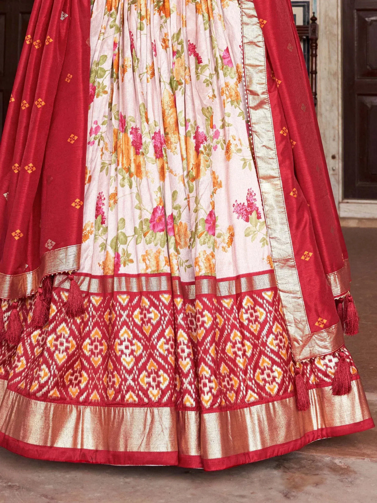 Floral print lehenga choli with red dupatta, ethnic Indian wear for festive occasions