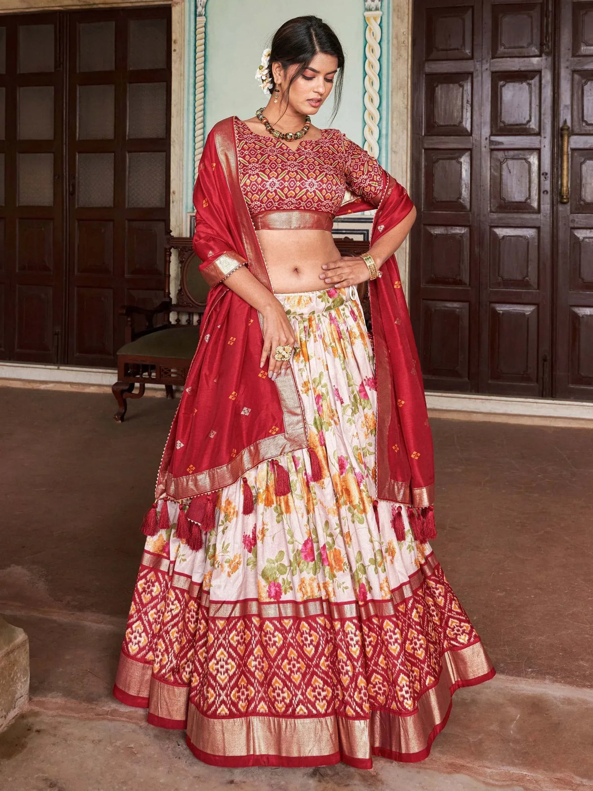Red and floral lehenga choli with embroidered blouse and dupatta, Indian ethnic wear for women