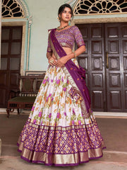 Beautiful White & Wine Floral Printed Silk Navaratri Wear Lehenga Choli