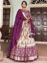 Beautiful White & Wine Floral Printed Silk Navaratri Wear Lehenga Choli