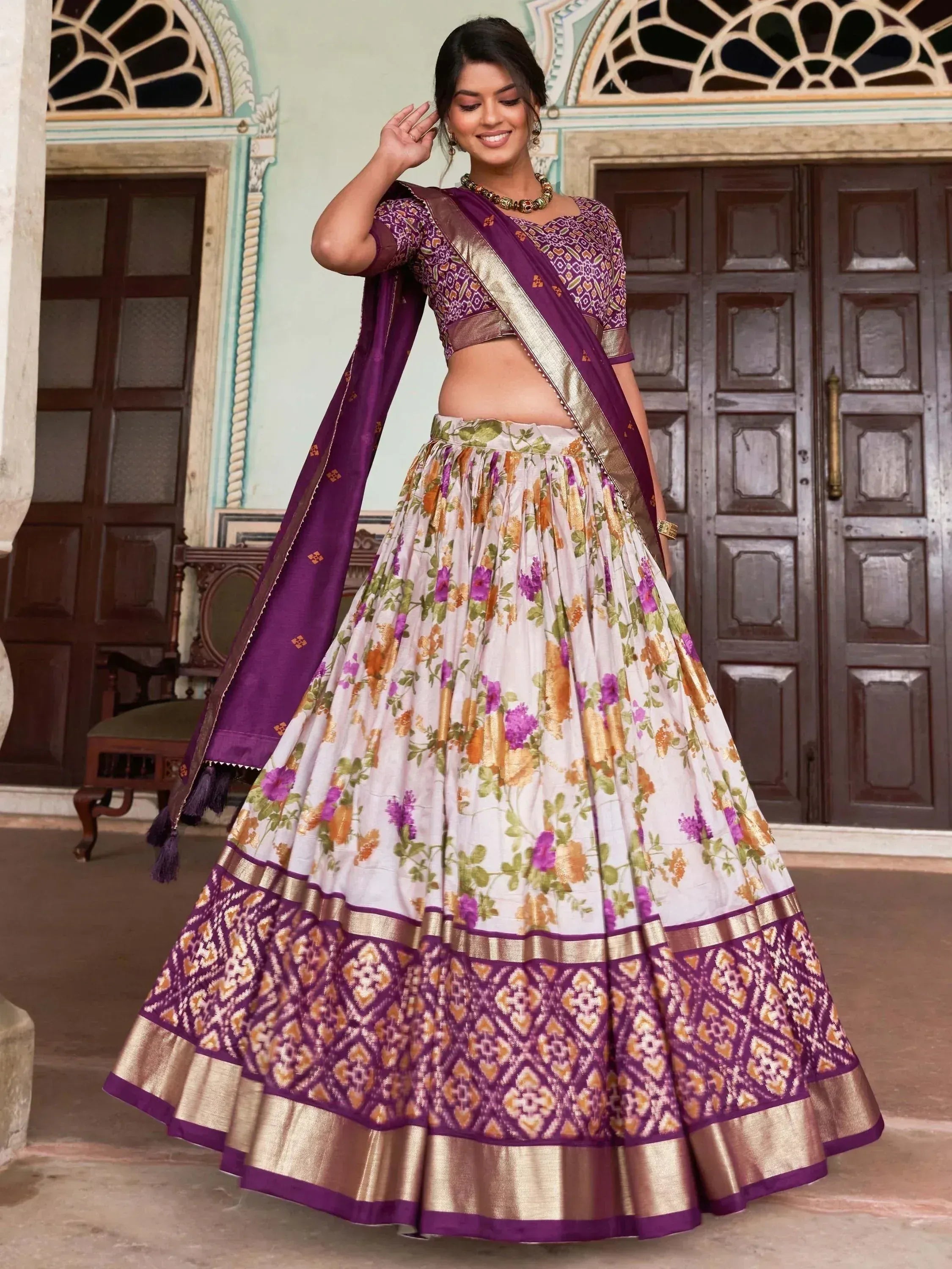 Purple and floral lehenga choli with gold border, Indian ethnic wear for women