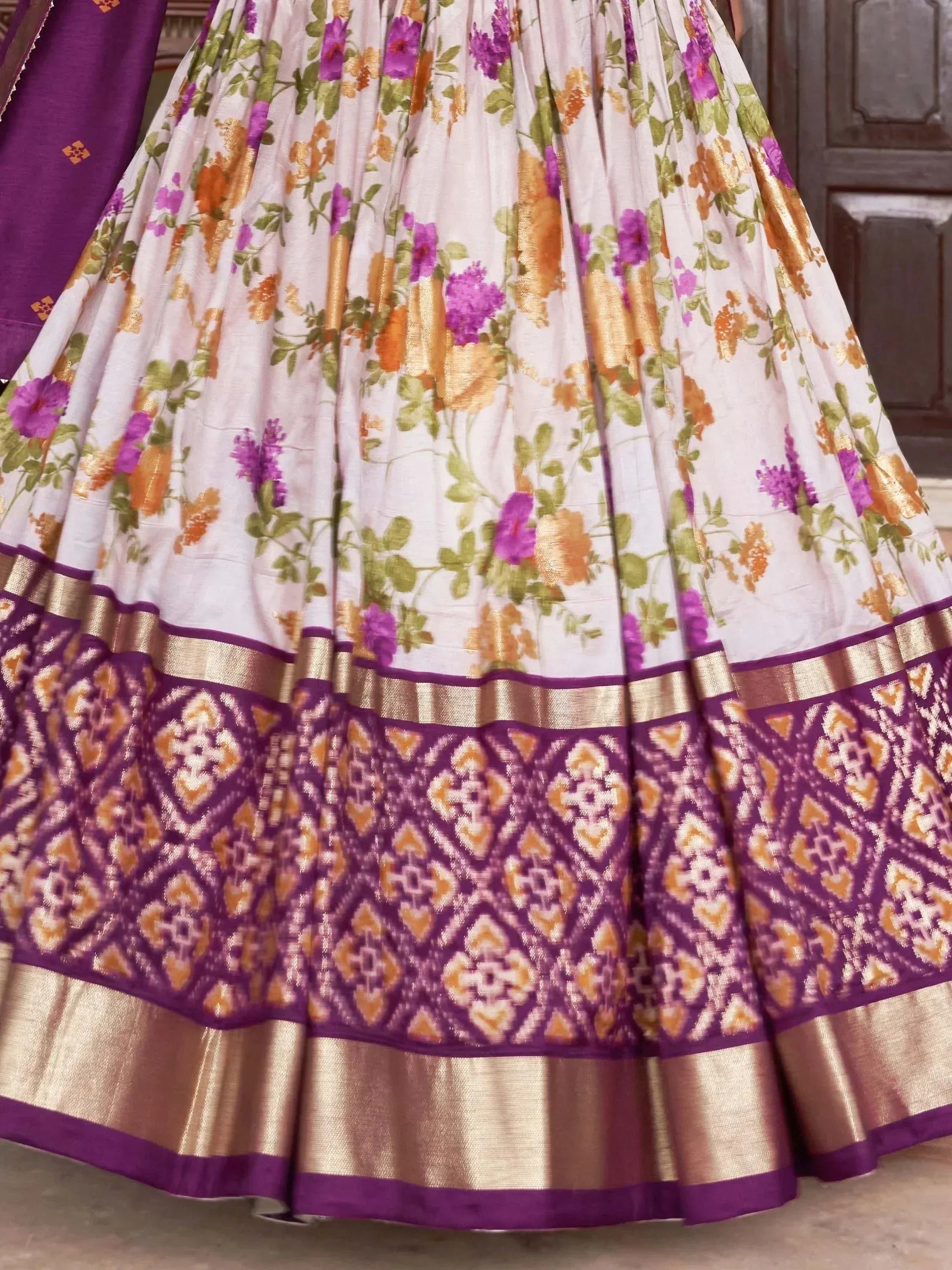 Floral print lehenga skirt with purple and gold border, Indian ethnic wear
