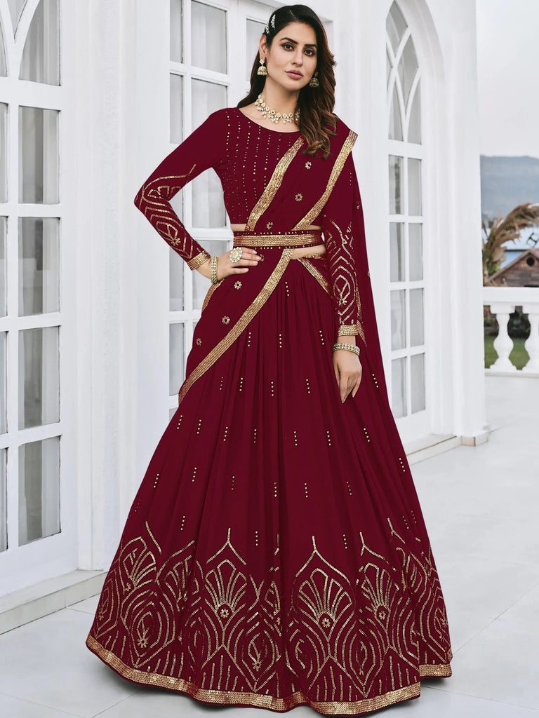 Graceful Maroon Sequined Georgette Party Wear Lehenga Choli
