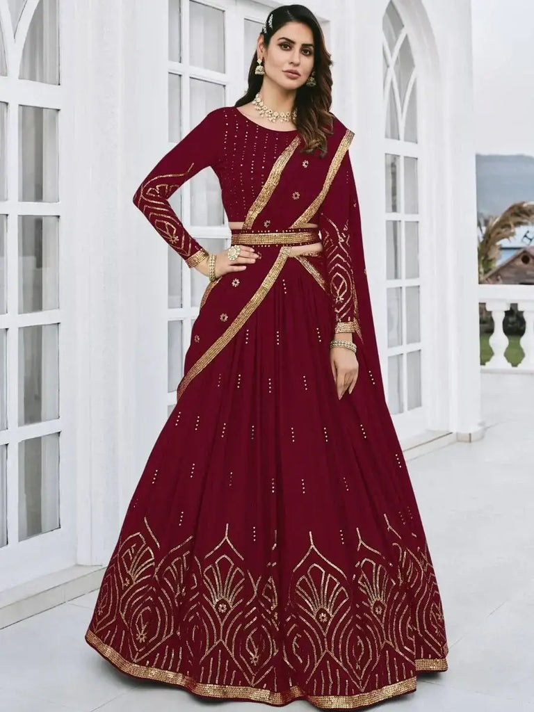 Graceful Maroon Sequined Georgette Party Wear Lehenga Choli