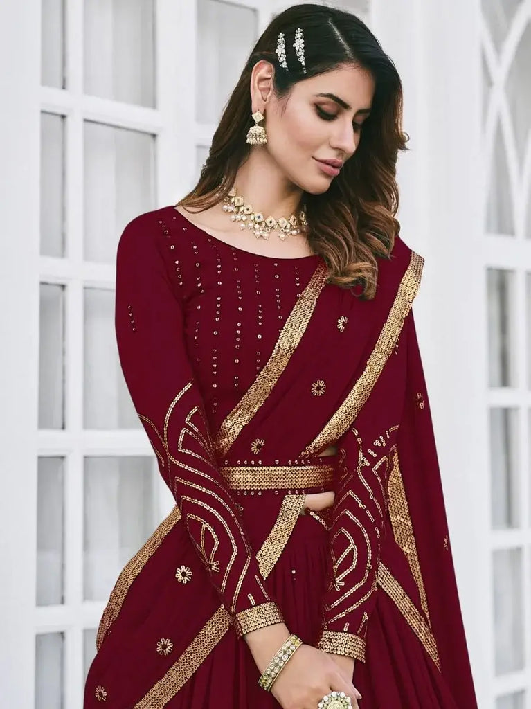 Graceful Maroon Sequined Georgette Party Wear Lehenga Choli