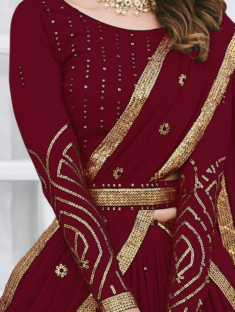 Graceful Maroon Sequined Georgette Party Wear Lehenga Choli