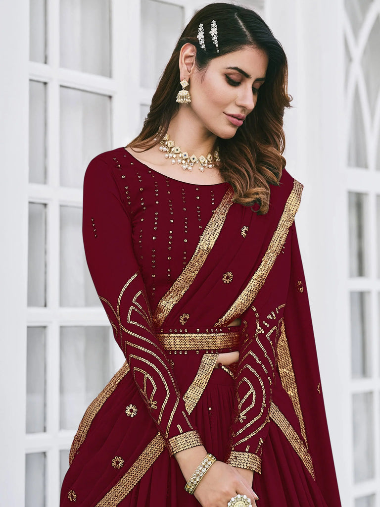 Graceful Maroon Sequined Georgette Party Wear Lehenga Choli