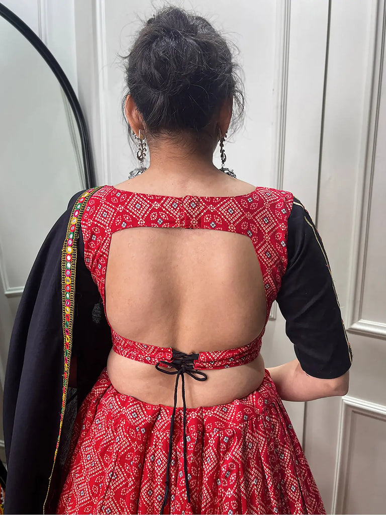 Beautiful Red Cotton Gamthi Work Navratri Wear Lehenga Choli