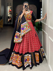 Beautiful Red Cotton Gamthi Work Navratri Wear Lehenga Choli