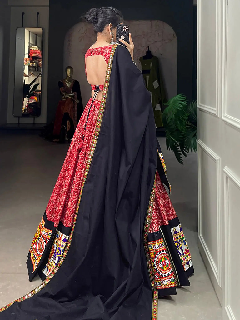 Beautiful Red Cotton Gamthi Work Navratri Wear Lehenga Choli