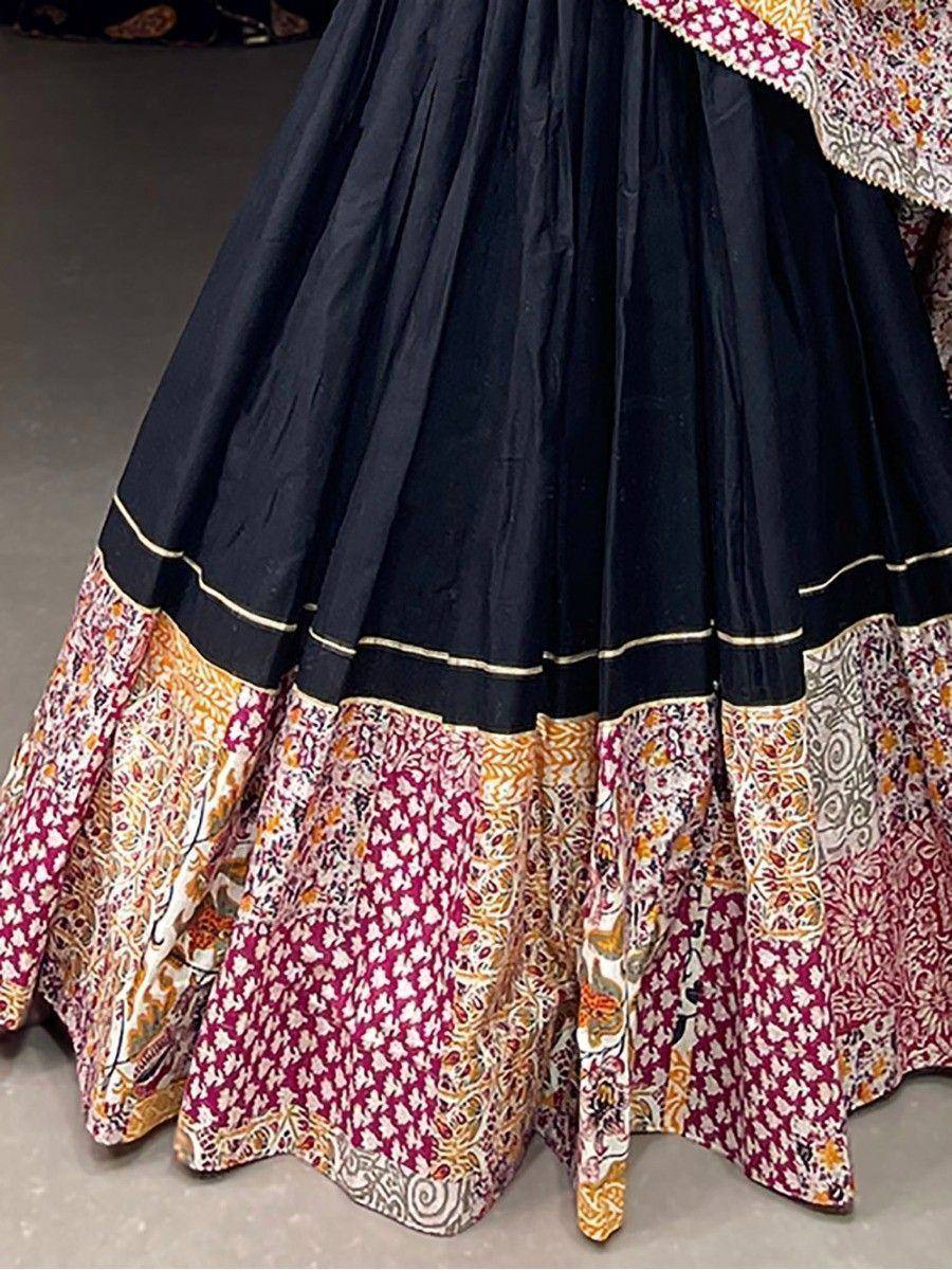 Black lehenga with colorful printed border, ethnic Indian wear for women