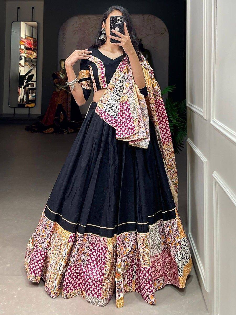 Black lehenga choli with floral print dupatta, Indian ethnic wear for women