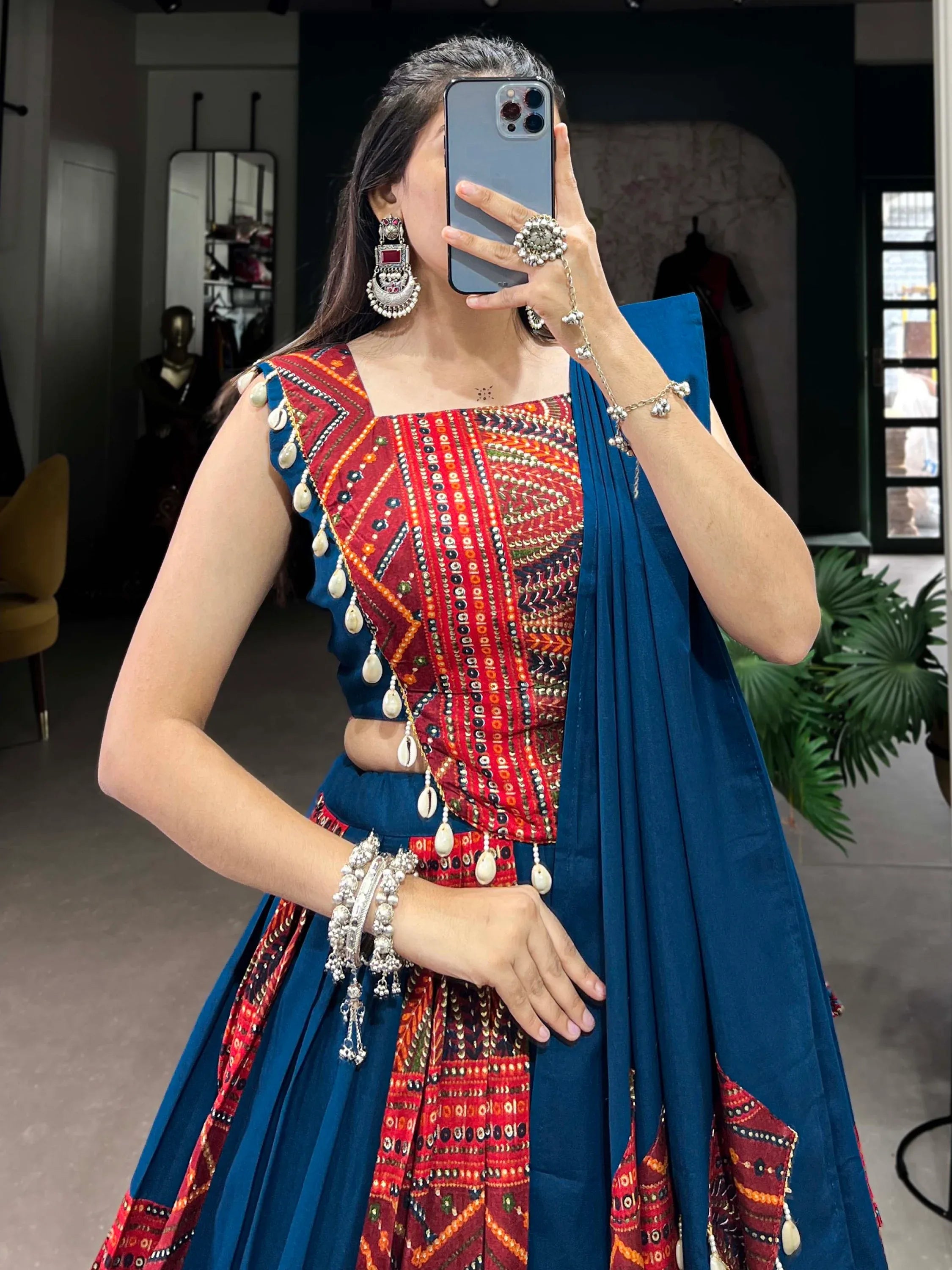 Charming Navy Blue Foil Work Cotton Navratri Wear Lehenga Choli
