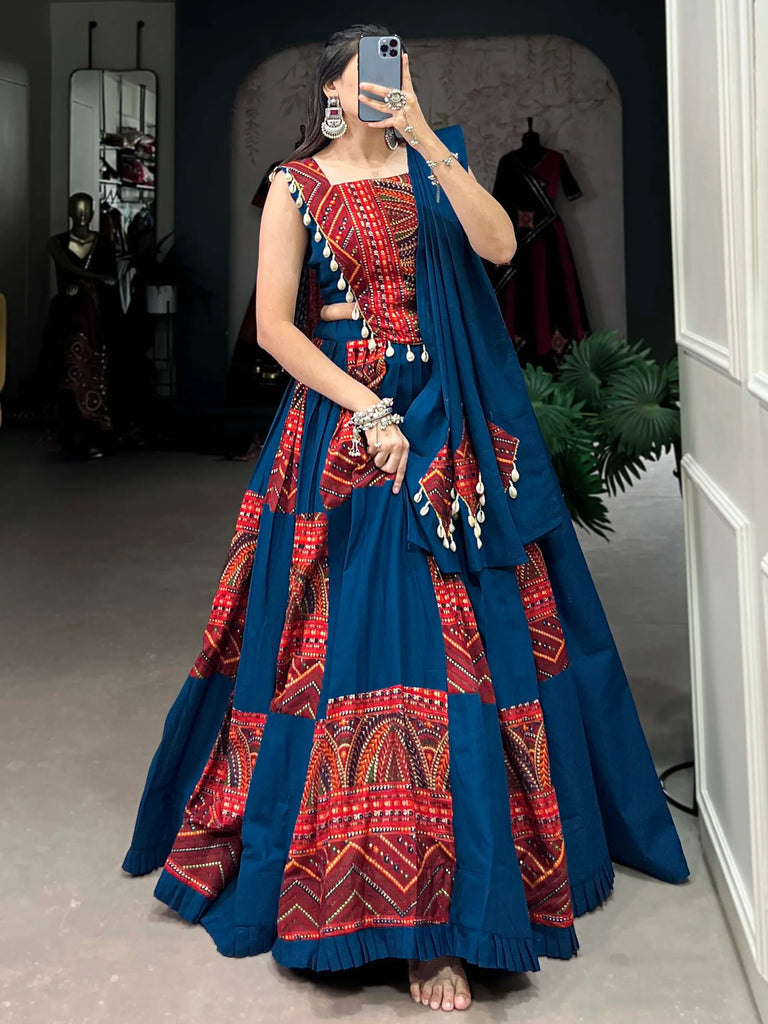 Charming Navy Blue Foil Work Cotton Navratri Wear Lehenga Choli