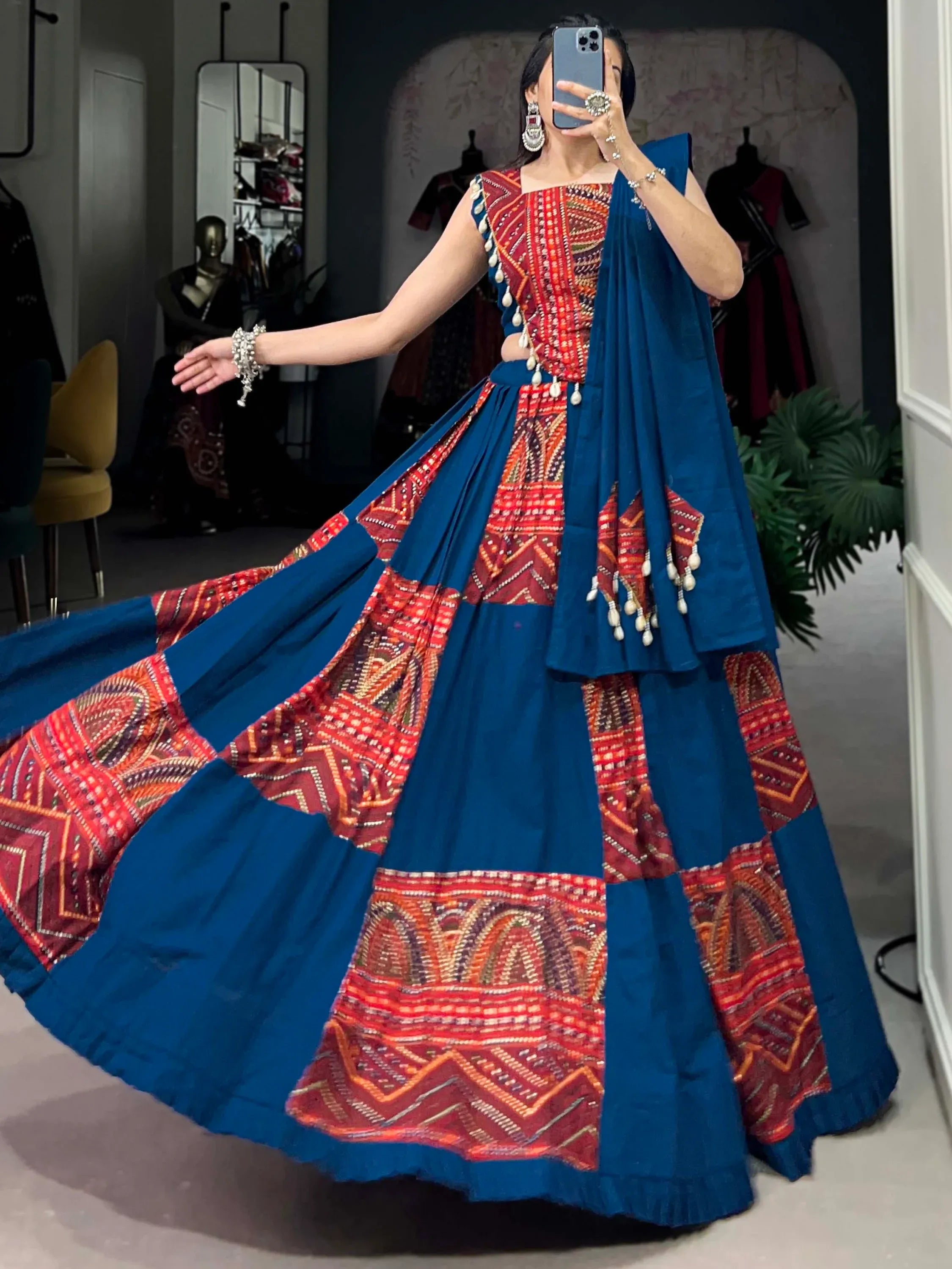 Charming Navy Blue Foil Work Cotton Navratri Wear Lehenga Choli