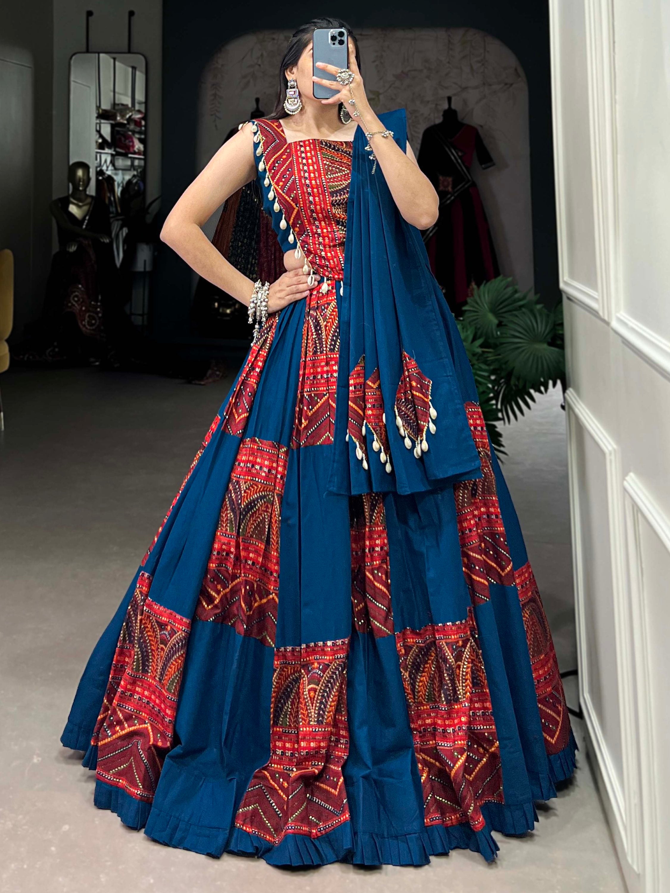 Charming Navy Blue Foil Work Cotton Navratri Wear Lehenga Choli