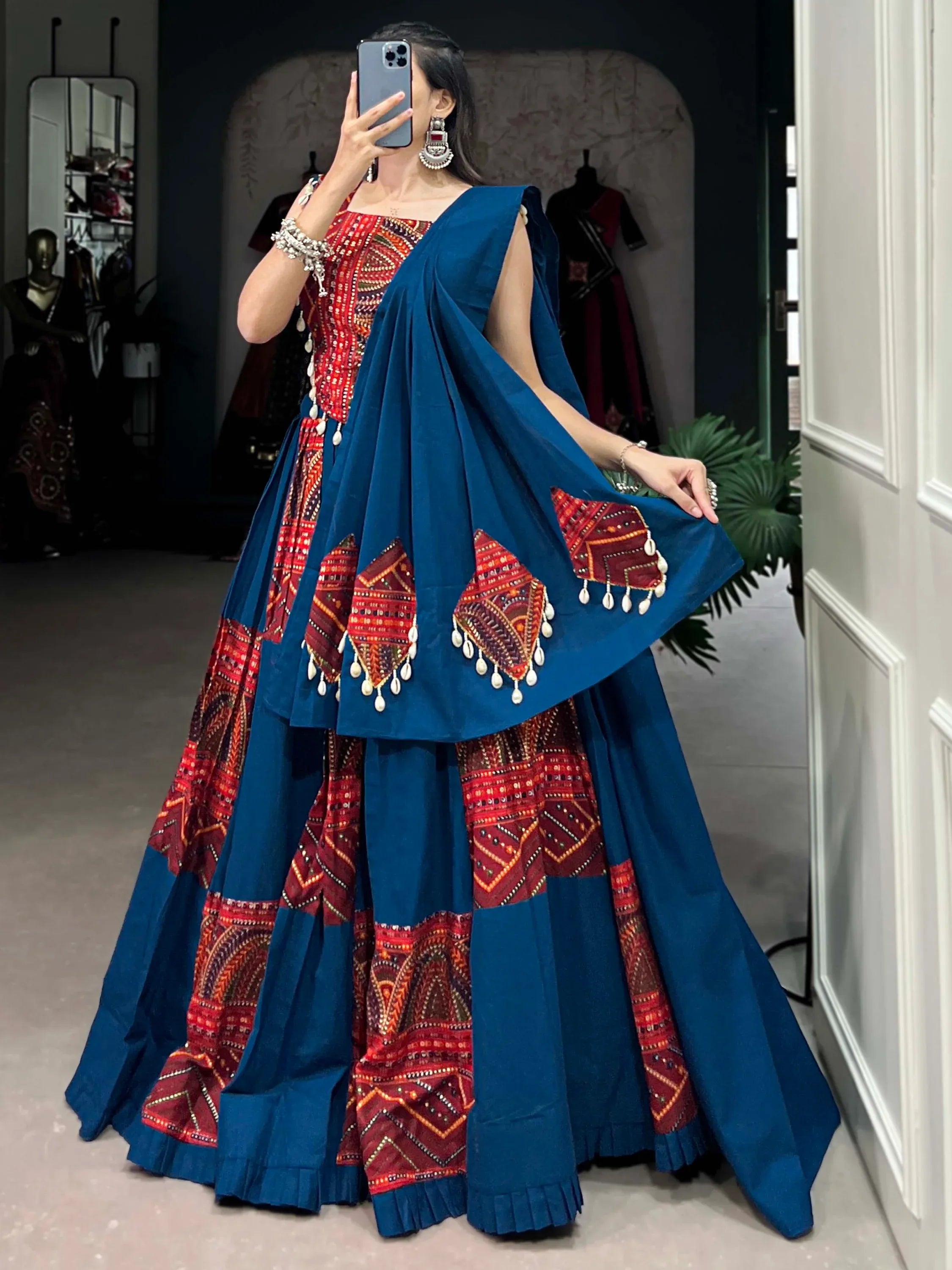 Charming Navy Blue Foil Work Cotton Navratri Wear Lehenga Choli