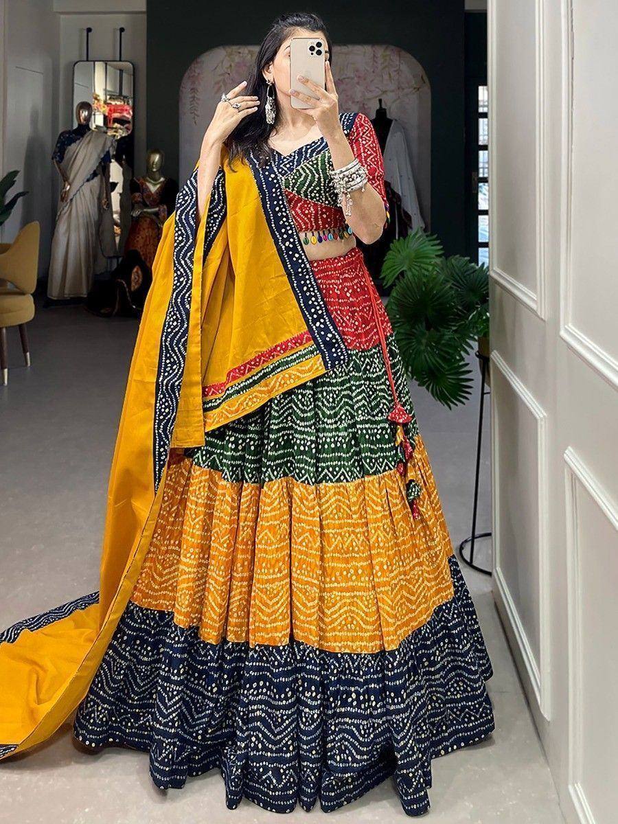 Vibrant multicolor lehenga choli with yellow dupatta, perfect for Indian ethnic occasions