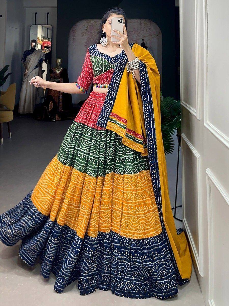 Colorful printed lehenga choli with yellow dupatta, perfect for Indian ethnic wear events
