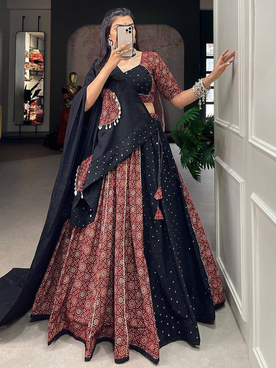 Black and maroon printed lehenga choli with polka dot dupatta, ethnic Indian wear for women