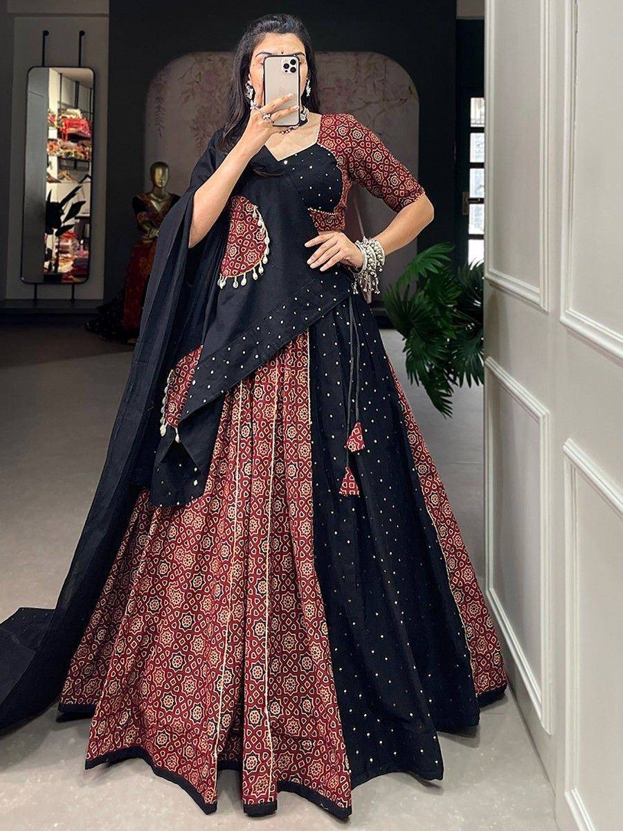 Black and maroon printed lehenga choli with polka dots and dupatta, ethnic wear for women