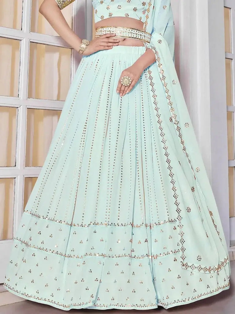Pleasent Sky Blue Sequined Georgette Party Wear Lehenga Choli