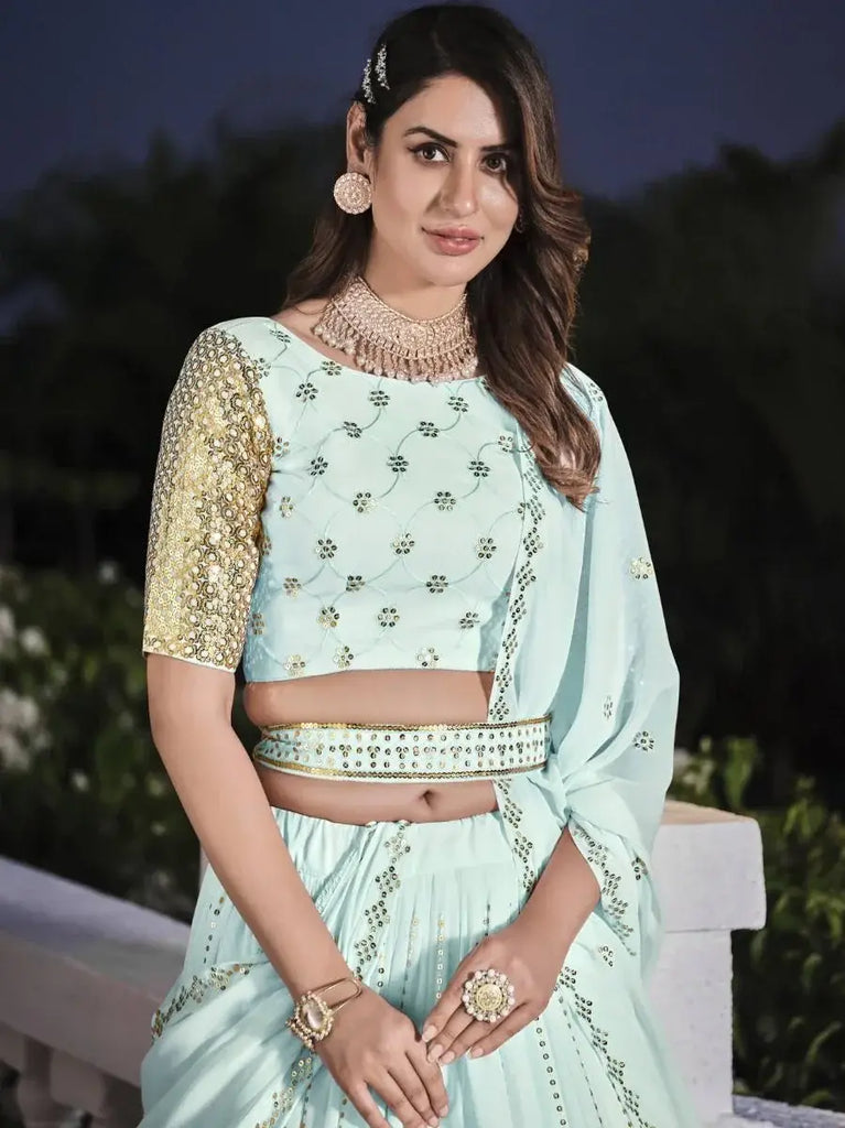 Pleasent Sky Blue Sequined Georgette Party Wear Lehenga Choli
