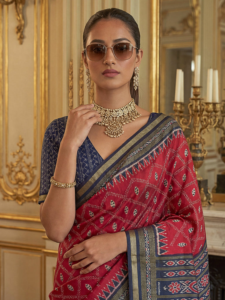 Lovable Red Digital Printed Silk Wedding Wear Saree With Blouse